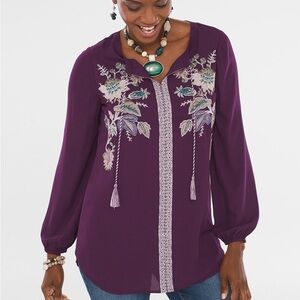 Chicos Floral Embroidered Tassel Top